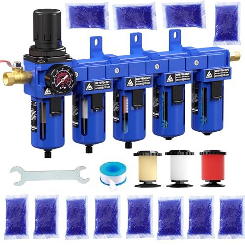 ATINY 1/2'' NPT 5 Stage Air Drying System,5 &0.5 &0.01 Micron Filter Cartridge,Double Desiccant Dryers & Air Regulator,Metal Bowl, Semi-Auto Drain,Industrial Grade-Blue