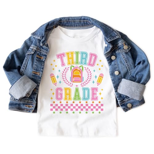 Preppy Third 3rd Grade Shirts For Girls - Back To Elementary School Pencil Backpack Outfit - Cute Gift For First Day Of School Announcement - Natural Toddler & Youth T-Shirt3
