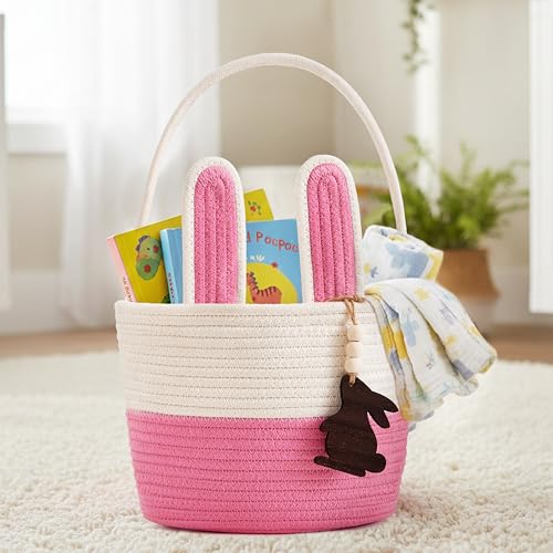 Image of Pro Goleem Easter Basket for Kids, Adorable Woven Egg Hunt Bucket with Handle, Soft First Easter Gift Tote Bag, Nursery Toy Storage Bin with Tag(Pink)