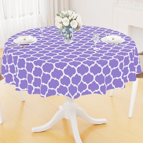 Image of Smiry Round Table Cloth, Flannel Backed Vinyl Tablecloth, 60 inch Round | Waterproof Plastic Tablecloths, Wipeable Table Cover for Dining, Indoor and Outdoor (Lavender)