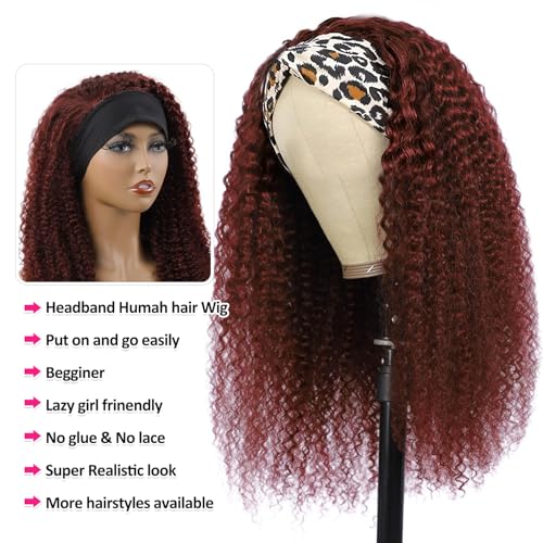 Image of Punmasa Headband Wig Human Hair Deep Wave 12 Inches Reddish Brown None Lace Front Wig Machine Made Brazilian Virgin Glueless Wear and Go Curly Headband Half Wigs for Black Women