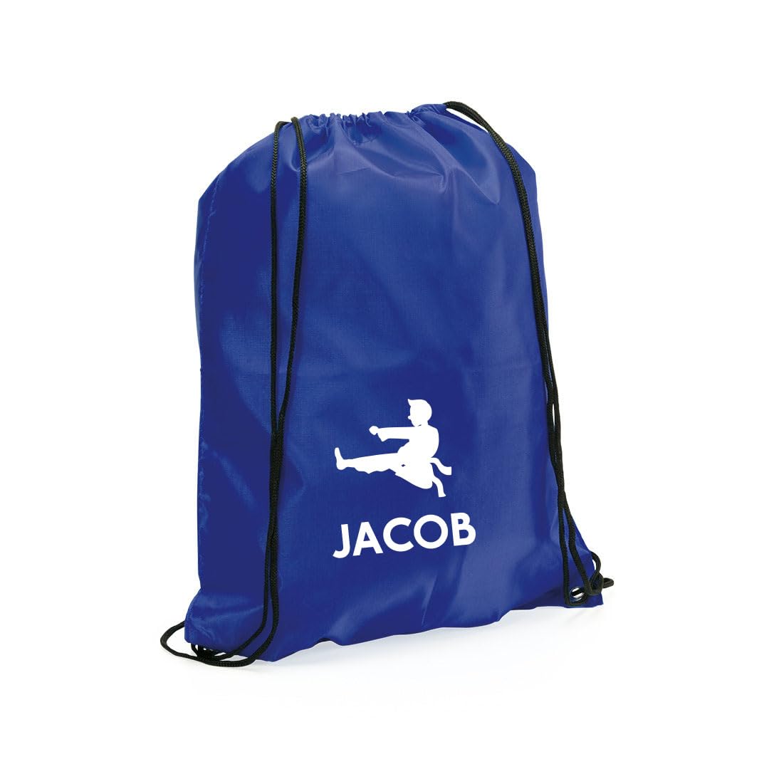 eBuyGB Personalised Martial Arts Bag, Kids Unisex Karate Drawstring Bag Boot Backpack for Sports Day, Girls Boys Rucksack (Blue)