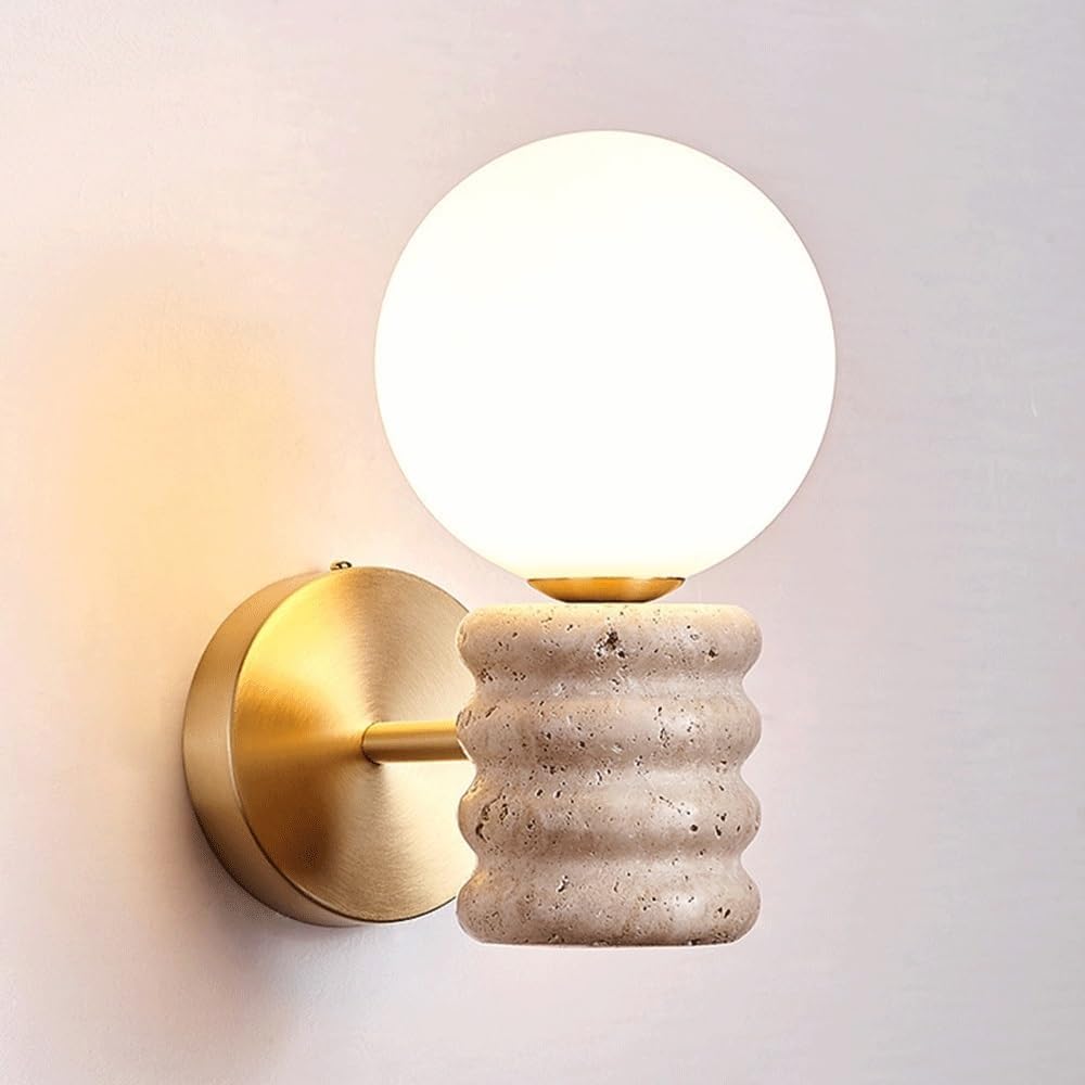 LUOYAOB Travertine Wall Sconce Natural Yellow Stone Wall Light with White Glass Globe Shade G9 Wall Lamp for Bedroom Bedside Hallway Living Room Indoor Wall Fixture 8.7 Inch