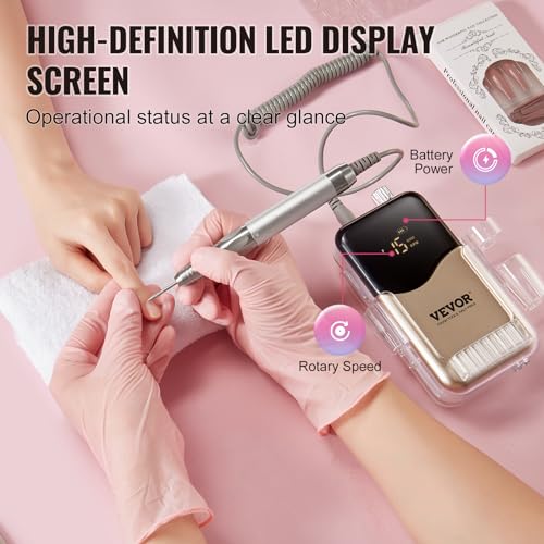 Image of VEVOR Electric Cordless Nail Drill - with 35000RRM Brushless Motor and Charging Base, Rechargeable Nail E File Machine with 6 Bit & 50PCS Sanding Band for Acrylic Gel Nail, Manicure Pedicure Polishing