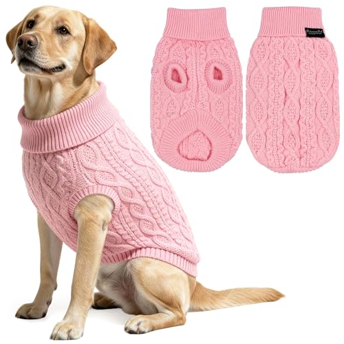 Image of Parisian Pet Dog Sweaters - Pull Over, Turtle Neck Pink Dog Sweater - Cable Knit Thick Sweater - Fall, Winter Clothes - Flexible Arm Holes Large Dogs Sweaters for Girl Dogs - L