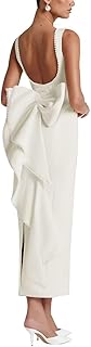 Satin Pearl Brides Dress with Bow on Back Tea Length Bodycon Formal Evening Party Dress with Slit ZM049