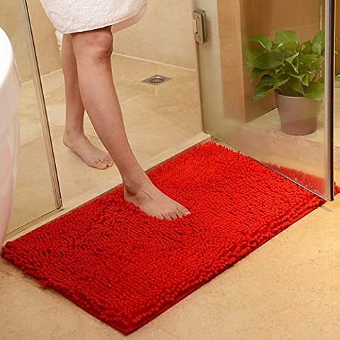 ele ELEOPTION Microfiber Soft Shag Bathroom Mat Rug Kitchen Rug Door Way Feet Mat Anti-slip Strip Absorbent Doormat Bathroom Shower Rugs Shaggy Carpet (Red, 50x80 cm) Cover