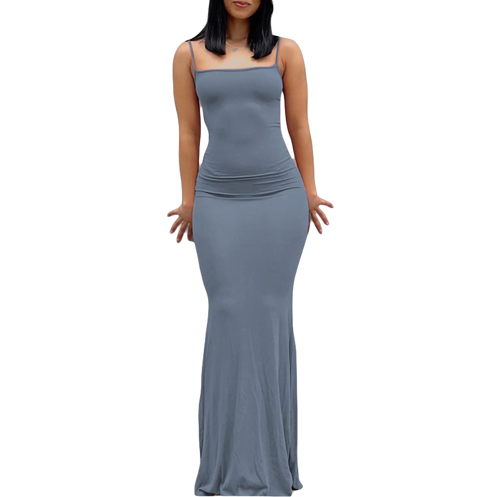 Damen Cami Bodycon Kleid Casual Basic Solid Kleid Spaghetti Strap Maxikleid TikTok Influencer Kleid