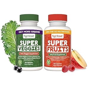 Feel Great Fruit and Vegetable Supplements | 20+ Super Reds & Greens for Natural Energy Support | Vegan Fruit and Veggie Vitamins | 2 Pack of 90 Count Each