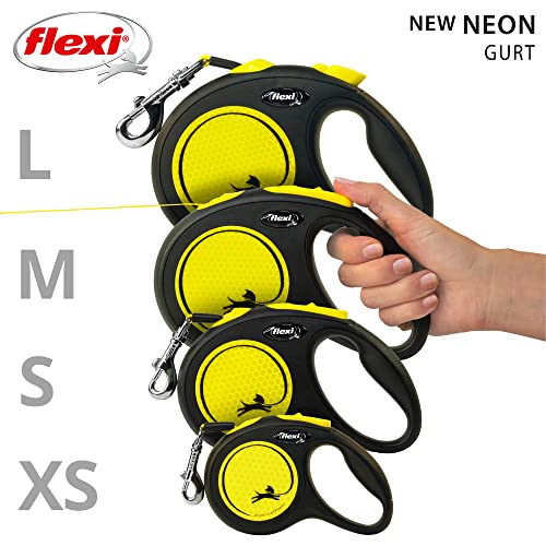 flexi® Neon M Gurt 5 m schwarz, Gurt in neon-gelb, Roll-Leine für Hunde bis 25 kg
