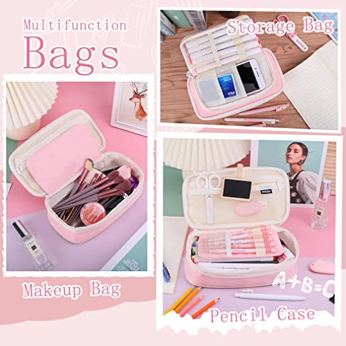 Image of iSuperb Big Capacity Pencil Case Large Pencil Pouch Portable Pen Bag with 2 Compartments Pink Pen Organizer for School Teen Girls Women