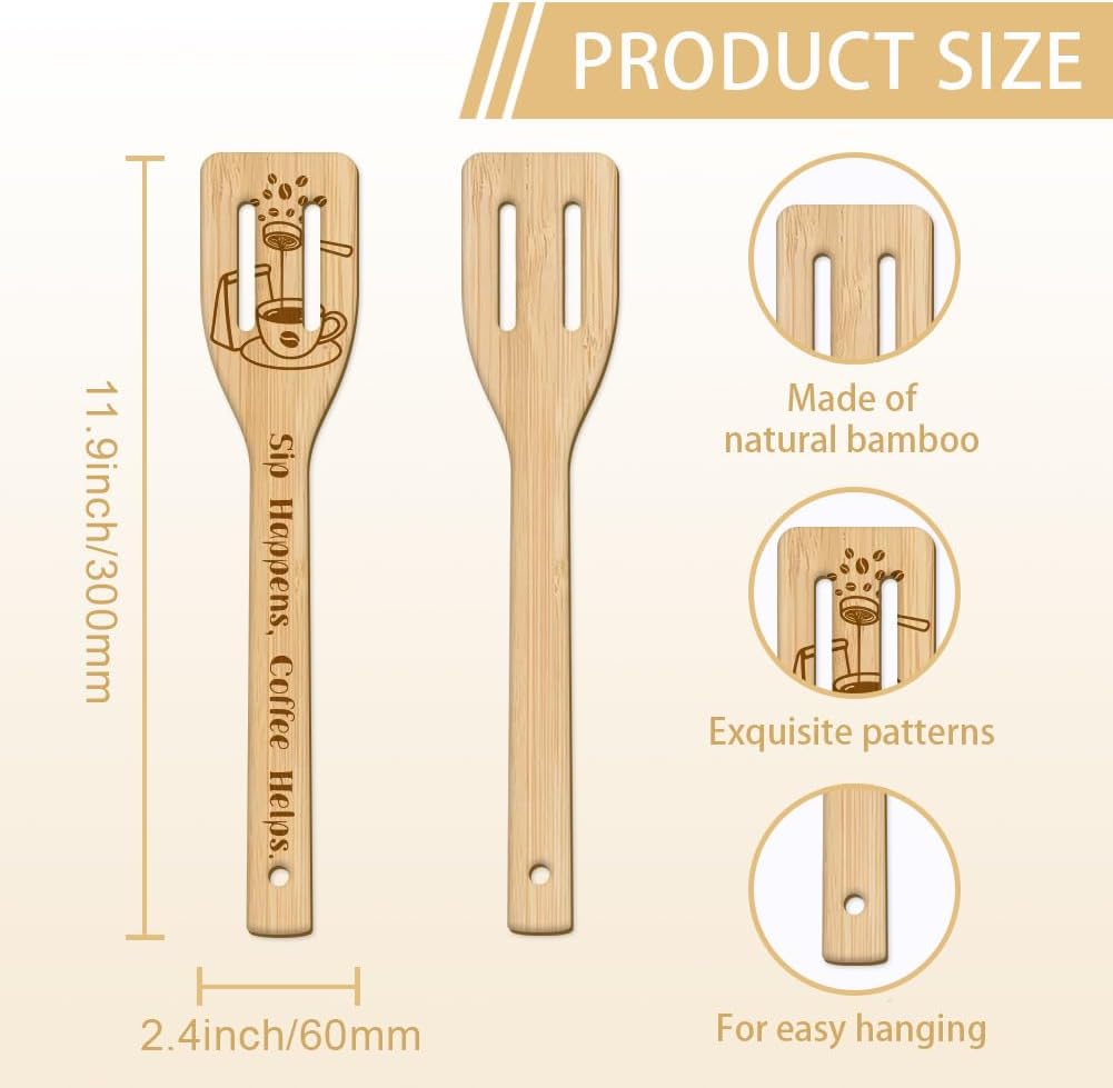 GLOBLELAND 6 Pcs Coffee Cup Bamboo Cooking Utensils Wooden Engraved Cooking Spoons Set Carving Kitchen Bamboo Spatula Set for Women and Men Wood Cooking Spoon for Kitchen House Warming Gift