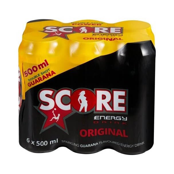 Score Energy Original Drink (6 x 500ml) Double Shot 160mg High Caffeine Strength with Sparkling Guarana Flavour and Zero Taurine, Rich in Vitamins B3, B5, B6, & B12