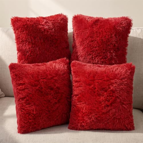 Image of Adore 4 Pack Long Pile Faux Fur Cushion Covers 43x43cm - Red