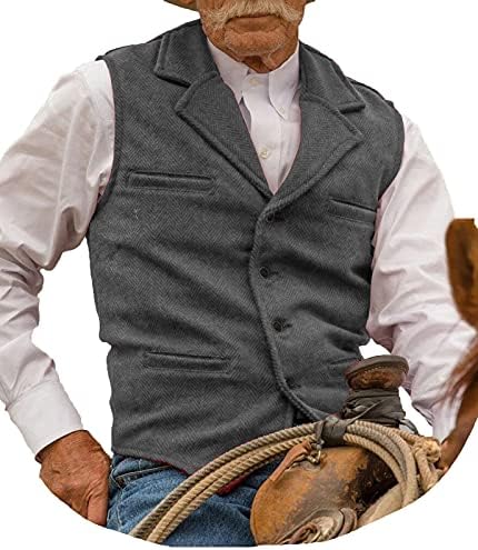 BYLUNTA Hunting Aged Mens Tweed Waistcoats Herringbone Vests Wedding Retro Casual Wool Business(Grey,XL)