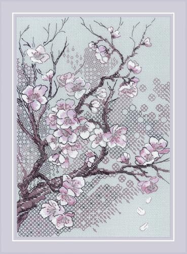RIOLIS - Plum Blossom 2298, Nature Blackwork Stitch Kits 8¼ x 11¾, Kits de punto de cruz para principiantes y avanzados, kit de Blackwork para adultos, kit de bordado de costura contada