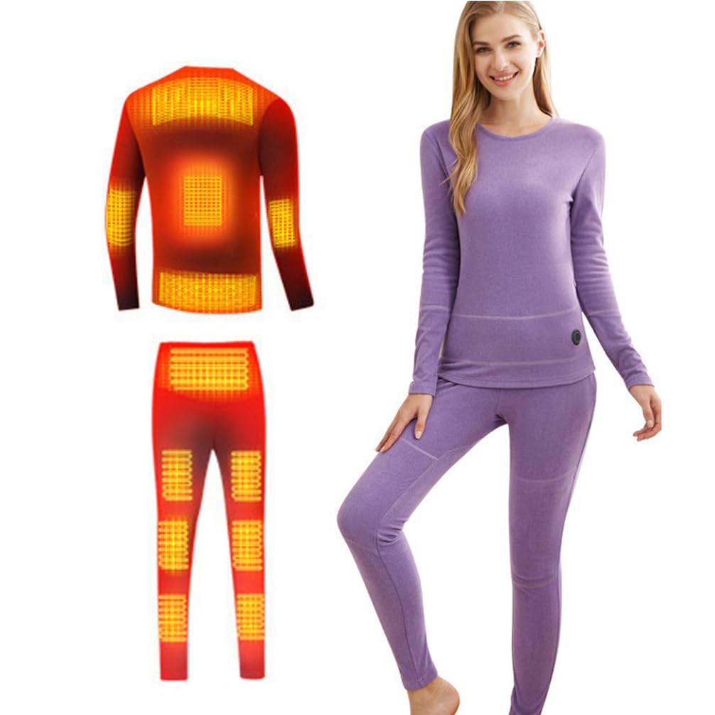TOVCHEI Women's Heated Underwear Set Smart 13-Zone Electric Heated Thermal Underwear Shirt Pants for Outdoor Skiing,Purple,3XL