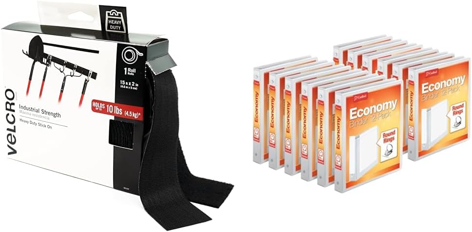 VELCRO Brand Heavy Duty Tape with Adhesive | 15 Ft x 2 in | Holds 10 lbs, Black & Cardinal Economy 3-Ring Binders, 1", Round Rings, Holds 225 Sheets, ClearVue Presentation View