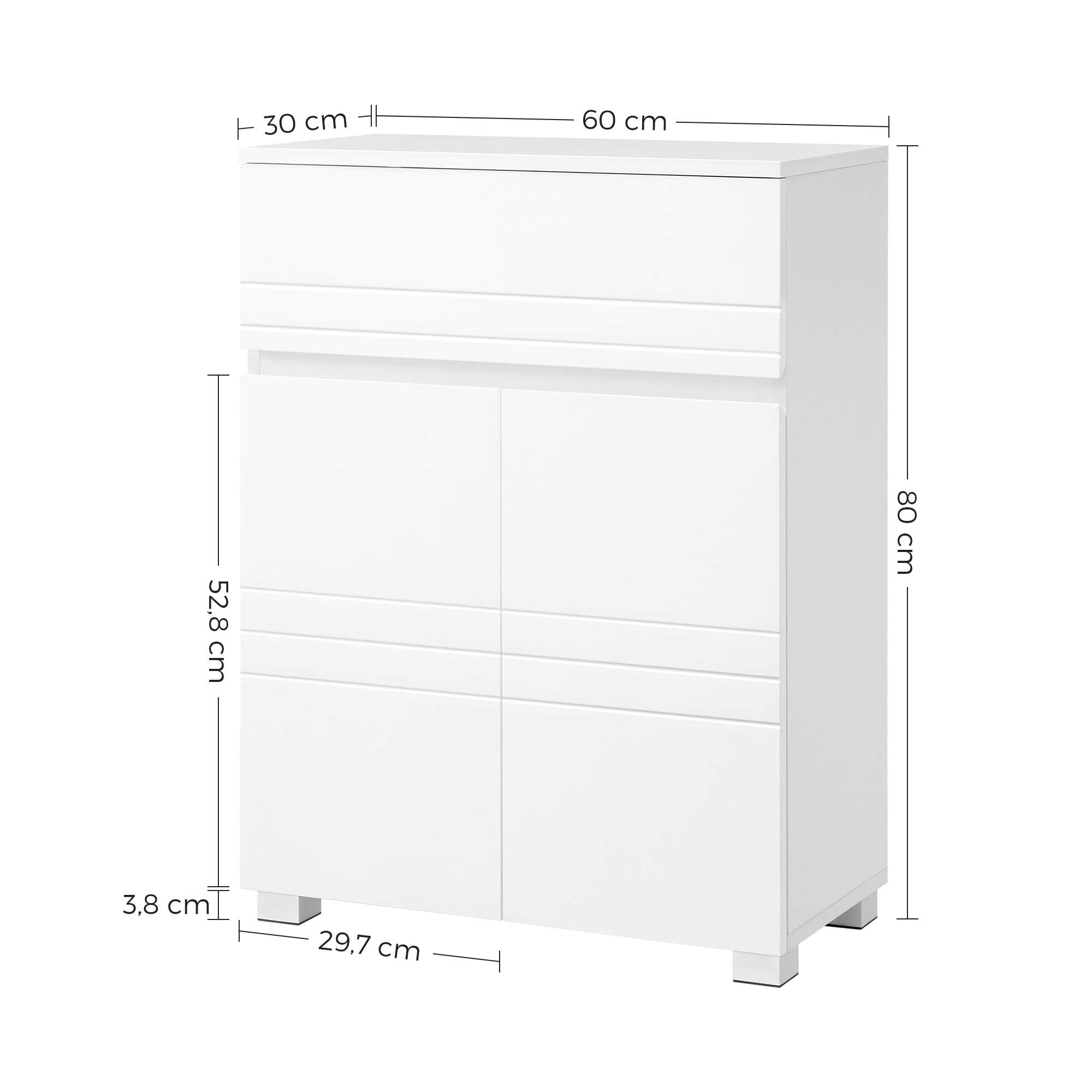 VASAGLE Meuble de Salle de Bain sur Pied, Meuble de Rangement avec tiroir, Armoire à Double Porte, étagère réglable, pour entrée, Couloir, 60 x 30 x 80 cm, Blanc BBK140W01