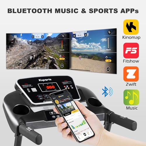 Image of Ksports Foldable 16.5 Inch Cardio Fitness Portable Treadmill with Bluetooth Connectivity, LCD Display, and Tracking Apps for Home Gym Equipment, Black