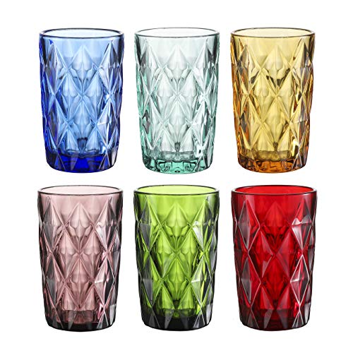 East Creek Double Old Fashioned Glasses Beverage Glass Cup,Colored Glass Drinkware 12 Ounce Water Glasses Multi Color Diamond Pattern Set Of 6 #TOP17