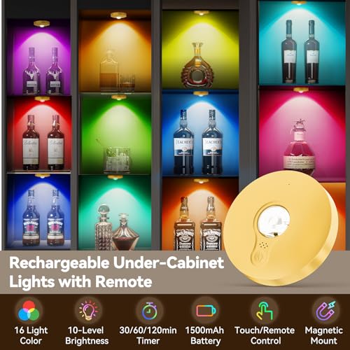 Image of Rechargeable Puck Lights with Remote, 3 Pack Magnetic Under Cabinet Lighting, 1500mAh Battery Operated LED Tap Lights with Dimmer & Timmer for Kitchen, Closet, Shelf - 3 Color Temps & 12 RGB, Gold