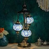 Marrakech Turkish Lamp 3 Globes Moroccan Table Lamp with Bronze Base, 23' Tall Handmade Blue Tiffany Mosaic Glass Night Light Fixture Including LED Bulb for Living Room Bedroom Decor