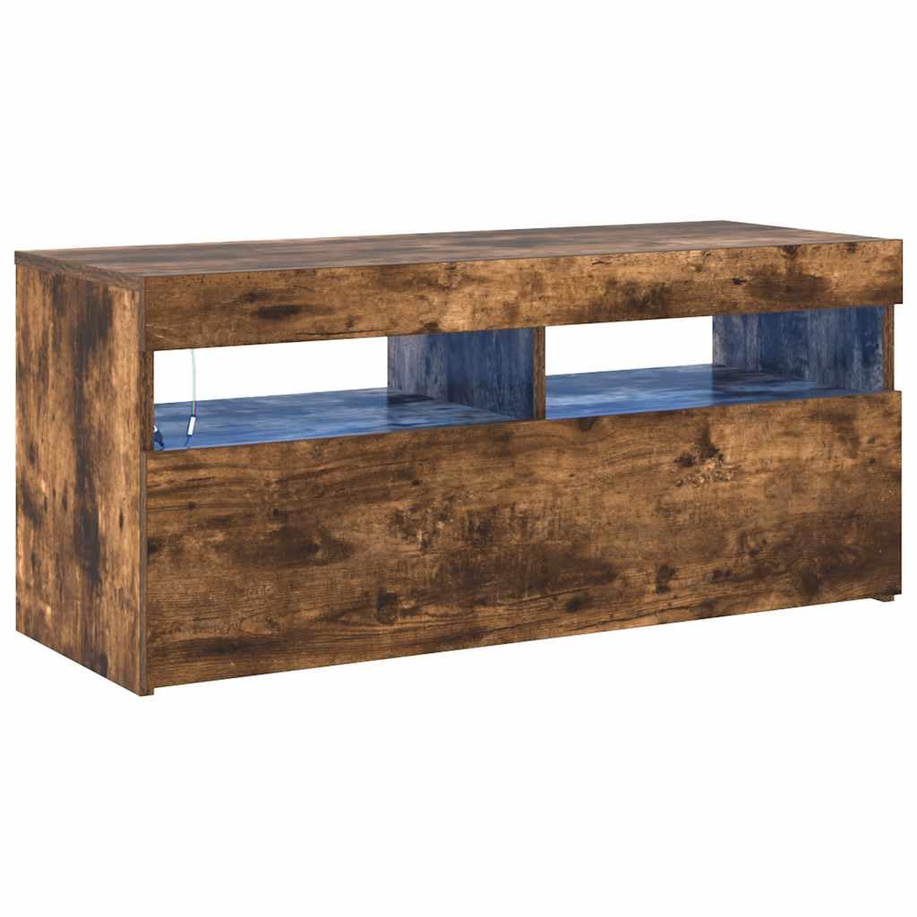 Meuble TV Moderne avec Éclairage LED RGB, Meuble de Salon en Bois d'Ingénierie Chêne Fumé 90 cm, Rangement Pratique pour Téléviseur, Console de Jeux Vidéo et Déco Salon