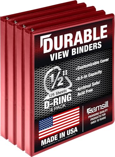 Image of Samsill Durable 0.5 Inch Binder, D Ring Binder, 100% Recycled Chipboard, Red, 4 Pack