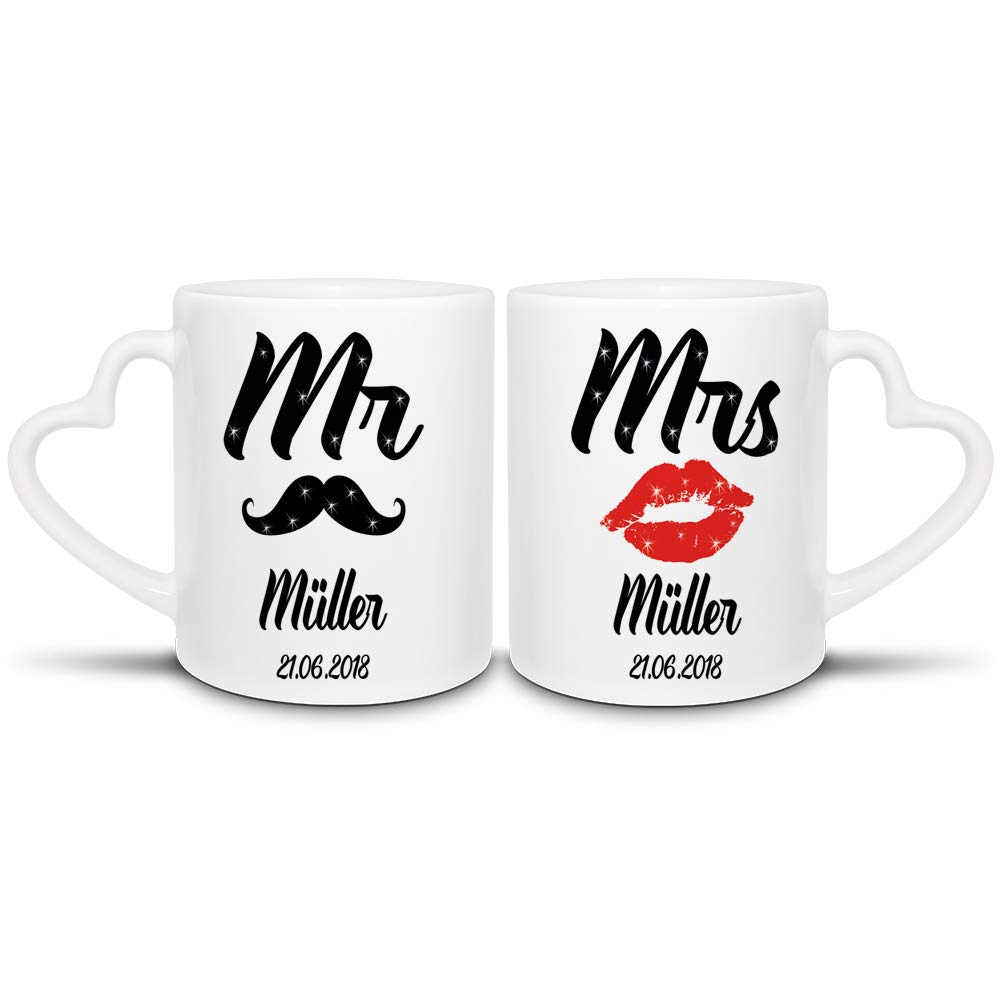 Pärchen-Tassenset Mr. & Mrs. – Mit Bart & Kussmund-Motiv, Herzhenkel, 2er Set, Perfekt Als Geschenk Für Paare