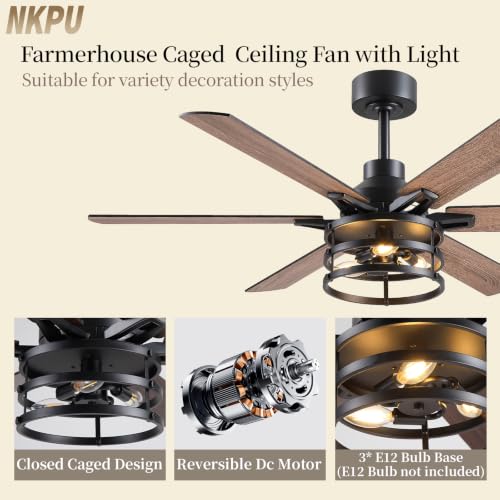 Image of NKPU 52 Inch Farmhouse Ceiling Fan with Light and Remote, Brown Industrial Caged Rustic Ceiling Fan with 6 Speed