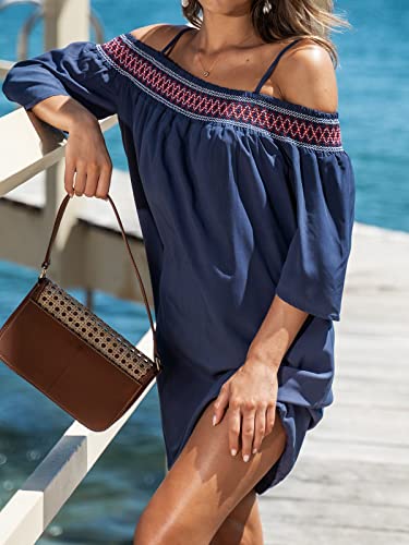 CUPSHE Women's Loose Open-Shoulder Short Dress Formal Dress 3/4 Sleeve Spaghetti Strap Smocked Lace Mini Dress2