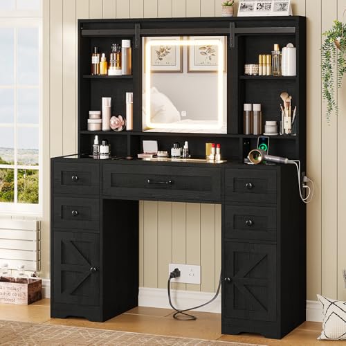 BTHFST Farmhouse Makeup Vanity with Lights & Sliding Mirror, Glass Top Vanity Desk with Charging Station, Large Makeup Table with 5 Drawers & Shelves & Cabinets, Wood-Grain Black