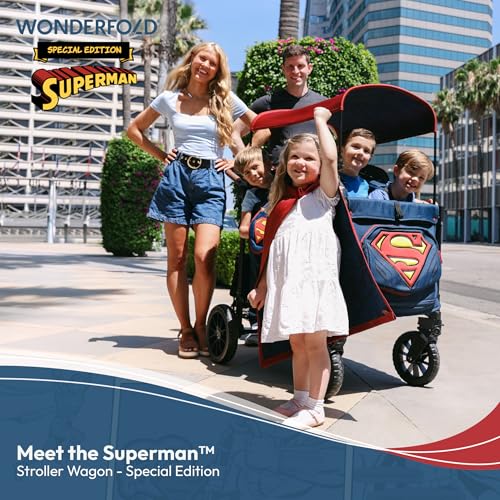 Image of WONDERFOLD W4 Luxe Pro Special Edition Superman Stroller Wagon (4 Seater) - Collapsible Wagon Stroller with Seats with 5-Point Harnesses, Easy Access Zipper Door, and Removable Sun Canopy