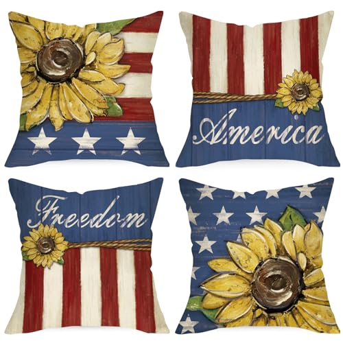 Ussap 4th of July Sunflower Patriotic Decorative Throw Pillow Covers 18 x 18 Set of 4, America USA Freedom Star Stripes Spring Summer Cushion Case Decor, American Fall Autumn Farmhouse Home Decoration