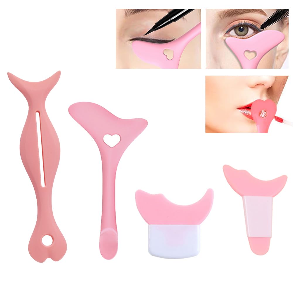 Booge4 Pcs All In One Eyeliner Stencils Wing Tips, Multifunctional Eyeshadow Stencils Pad Silicone eyeshadow baffle, Defined Eyeliner Eyelash Guide Tool for Beginners and Makeup Masters - Pink