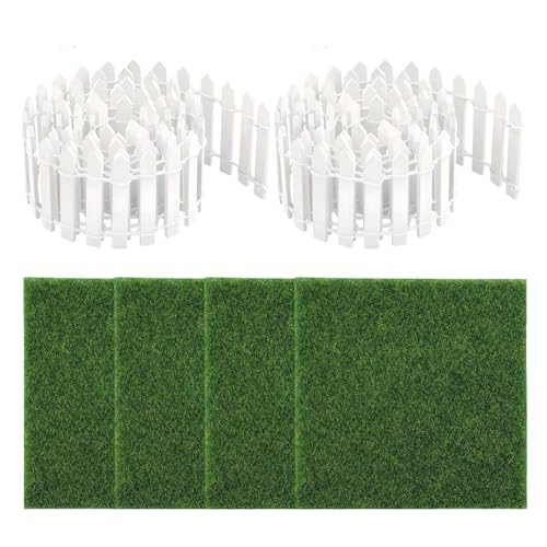 Mini valla para jardín de, valla pequeña de 35 pulgadas | Artesanía decorativa de madera blanca con 4 piezas de césped falso para niños, interiores y exteriores