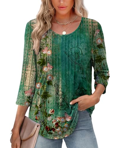 XIEERDUO Plus Size Tops for Women 3/4 Length Sleeve Blouse Shirts Dressy Casual Spring Fashion Clothing Outfits Beach Vacation Essentials Clothing F-Green Floral 3XL