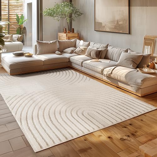 HomebyHome Tapis de Salon 200x290 cm Crème à Poils Longs Design Scandi Boho Effet Relief Shaggy...