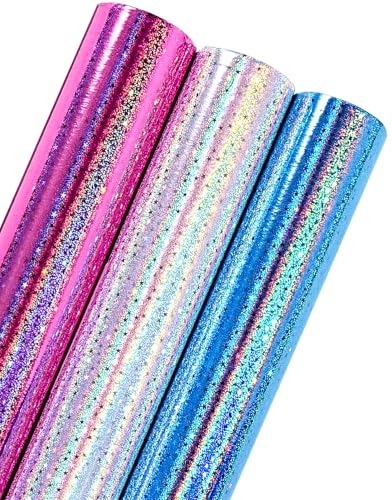 RAPAHOLIC Metallic Holographic Wrapping Paper - 3 Mini Rolls - 17 Inch x 120 Inch Per Roll - Blue White Pink Holographic Star Wrapping Paper for Birthday Wedding Baby Shower Bridal Shower