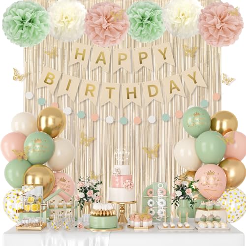 Pink Sage Green Birthday Decorations for Women Girls with Butterfly Sticker