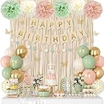 Pink and Sage Green Birthday Decorations for Women Girls, Blush Beige Sand Gold Metallic Printed Balloons Butterfly Stickers Fringe Curtain Happy Birthday Banner Circle Dot Paper Pompom Party Supplies