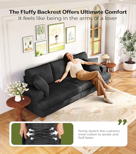 Image of 87in Corduroy Couch, Kidirect Sofa No Tool Assembly, Comfy Couches for Living Room 21in Deeper Seats, Corduroy Sofas for Living Room with 2 Pillows, Oversized Loveseat Sofa, Boho Love Seat Black Couch