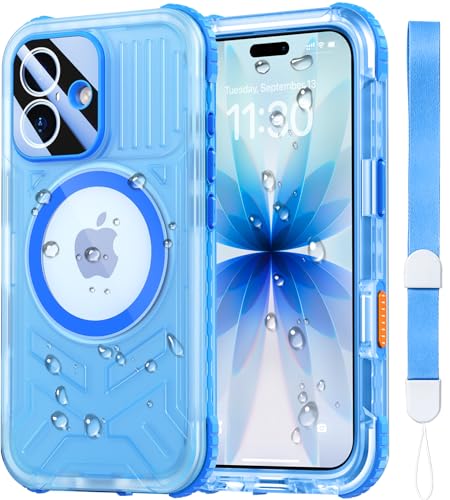 SPIDERCASE Magnetic for iPhone 17 Case Waterproof [Built-in Screen & Camera Protector] [IP68 Underwater] 12FT Military Shockproof Dustproof Anti-Scratched Phone Case Blue/Clear