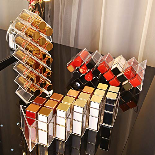 Image of JessLab Lipstick Organizers, Acrylic Holder Lip Gloss Tower Clear Cosmetic Fish Sticks Lip Makeup Storage for Bathroom Vanity Countertop, 16 Slots