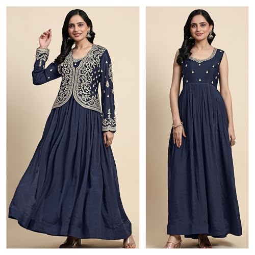 Image of TRENDMALLS Women's Silk Blend Embroidery Sequence Work Anarkali Kurta Pant Set with Dupatta For Women