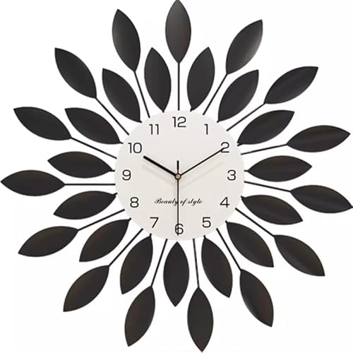 GREEM MARKET(グリームマーケット) GMS03027 時計 壁掛け 北欧 シンプル モダン ラグジュアリー デザイン おしゃれ アイアン メタル 金属製 ブラック 黒色 モノトーン 大きい 69cm リーフ 静音 連続秒針 掛け時計