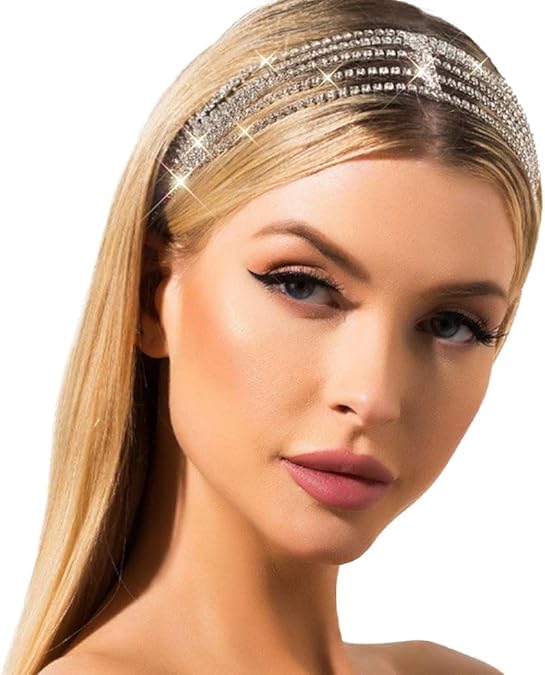 Mukutique Rhinestone Head Chain Forehead Bridal Headband, Crystal Hair Band, Silver Hair Jewelry for Women