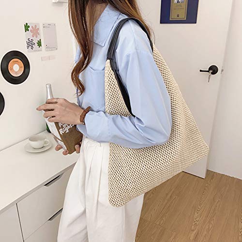 Bolso Tote de Cuero Negro con Asa y Tejido de Paja miniatura 5