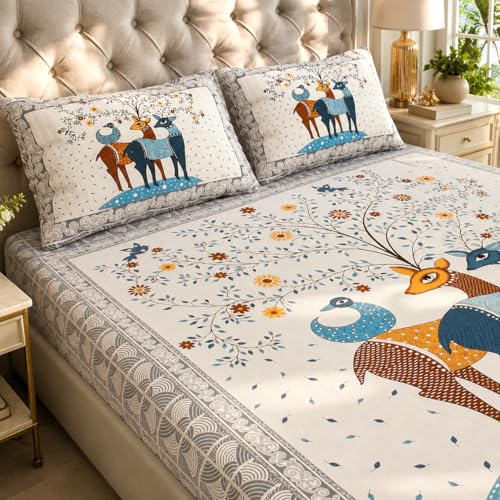 Image of JAIPUR PRINTS 100% Cotton Bedsheet for Double Size Bed bedsheets Rajasthani Jaipuri Printed Double Size Bedsheet with 2 Pillow Cover / 90x100 inch / 235x215 cm / (A,Gray)